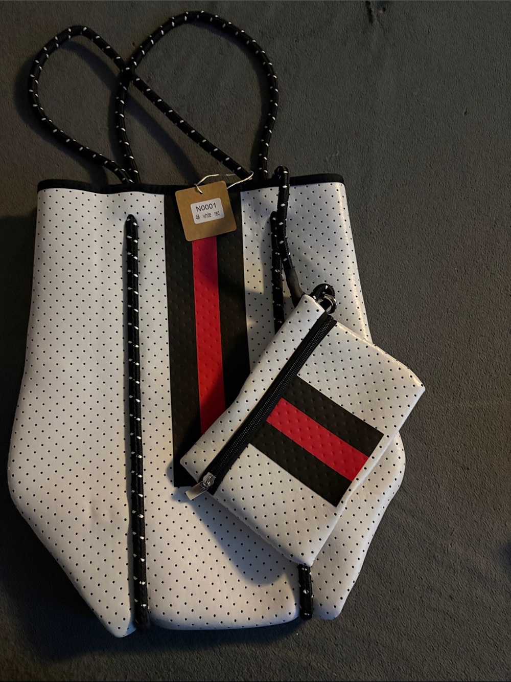 FASHION White Perforated Tote with Black and Red Stripes and Wristlet - - Picture 2 of 5